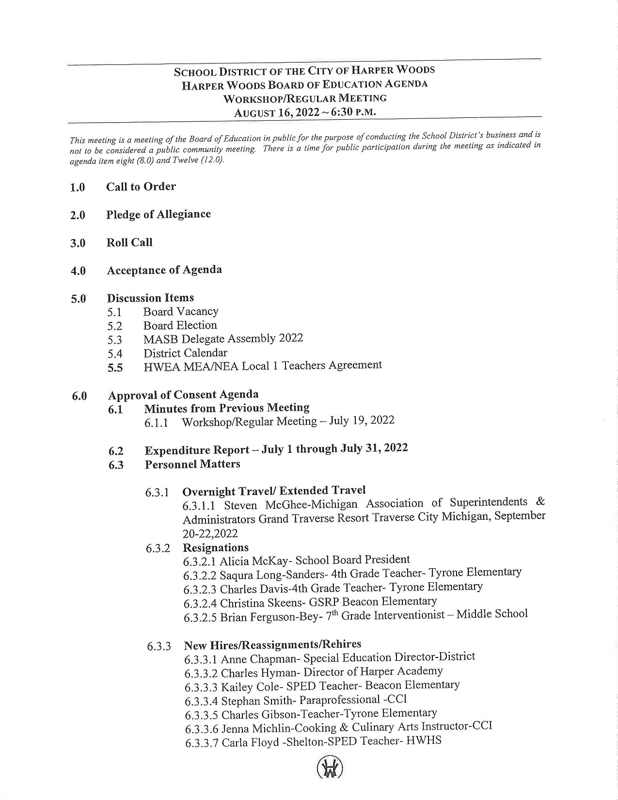 Board Agenda 81622 Harper Woods Schools District
