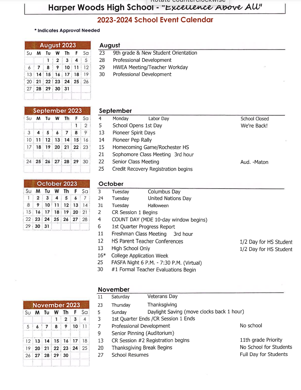 2023-2024 High School Calendar 